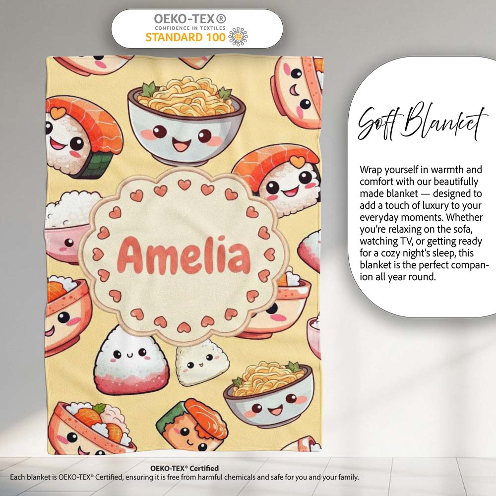 Kawaii Sushi Rice Bowls and Noodles Characters Yellow Seamless Personalised Custom Name Super Soft Fleece Blanket Bed Sofa Throw
