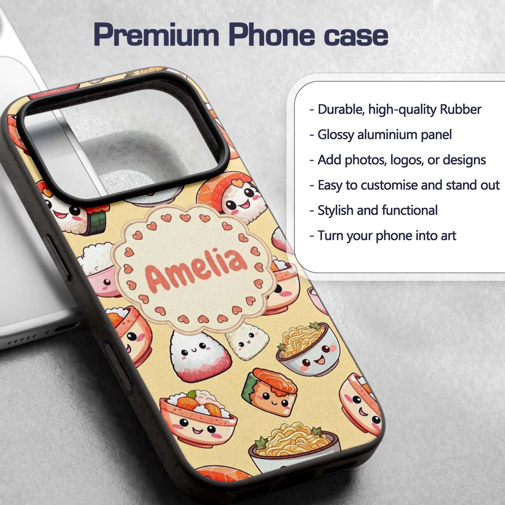 Kawaii Sushi Rice Bowls and Noodles Characters Custom Name Protective Phone Case Mobile Cover Durable Everyday Smartphone Shock Resistant