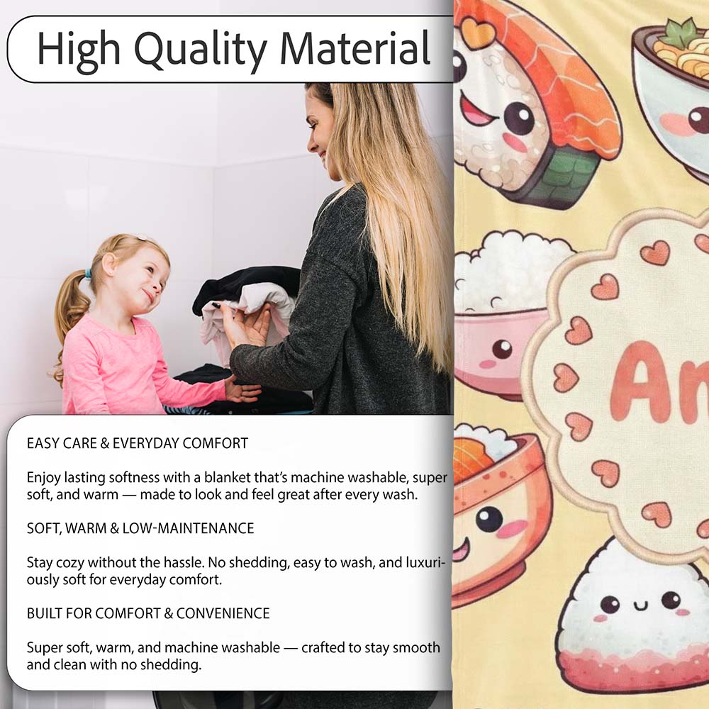 Kawaii Sushi Rice Bowls and Noodles Characters Yellow Seamless Personalised Custom Name Super Soft Fleece Blanket Bed Sofa Throw