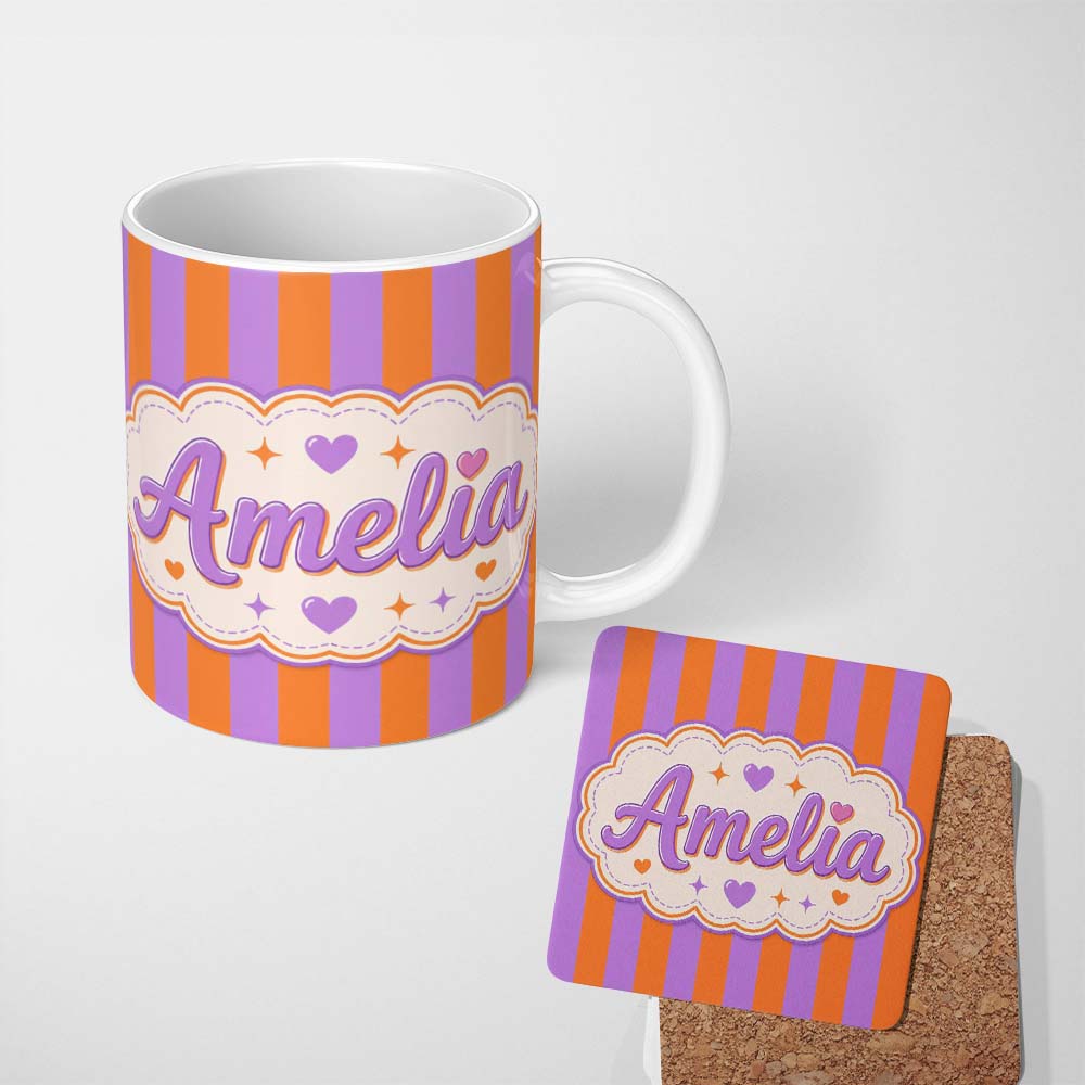 Personalized Custom Name Abstract Wavy Orange and Purple Stripes Modern Seamless Pattern 11oz Ceramic Coffee Tea Mug White Large Handle