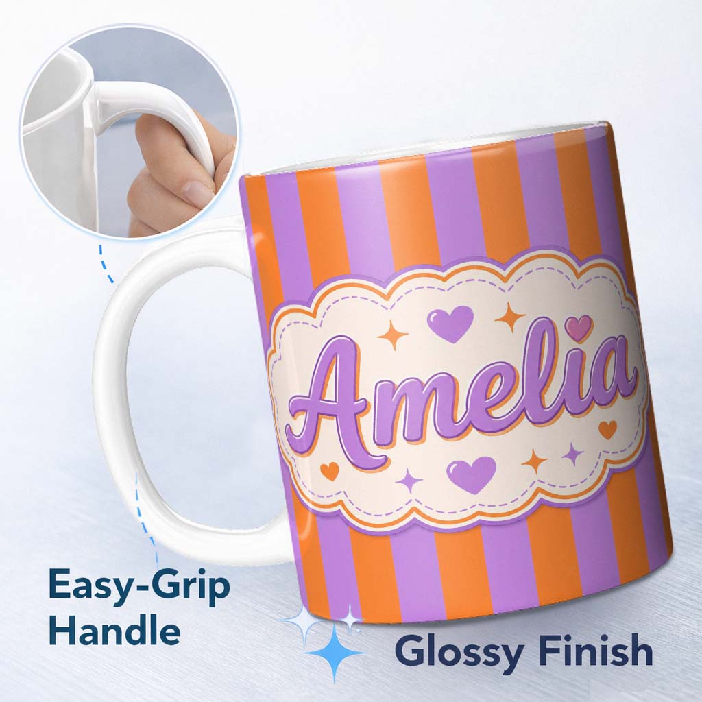 Personalized Custom Name Abstract Wavy Orange and Purple Stripes Modern Seamless Pattern 11oz Ceramic Coffee Tea Mug White Large Handle