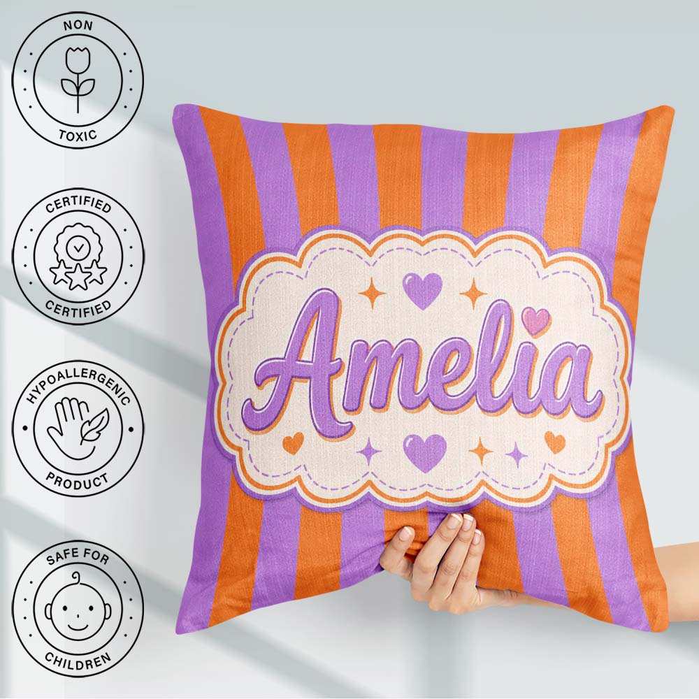 Custom Name Abstract Wavy Orange Purple Stripes Seamless Pattern Square Filled Cushion Throw Pillow Sofa Bed Home Decor Zip Washable UK Made