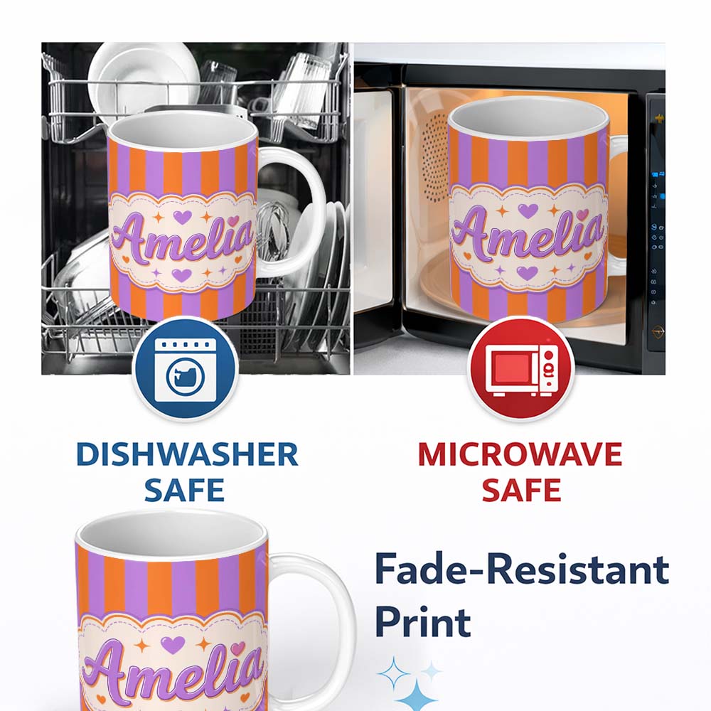 Personalized Custom Name Abstract Wavy Orange and Purple Stripes Modern Seamless Pattern 11oz Ceramic Coffee Tea Mug White Large Handle