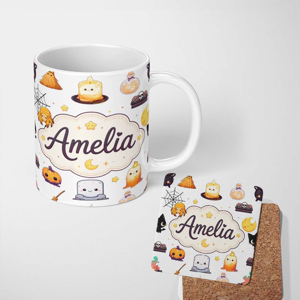 Personalized Custom Name Cute Halloween Witch Pumpkin Candle and Spider Kawaii Seamless 11oz Ceramic Coffee Tea Mug White Large Handle