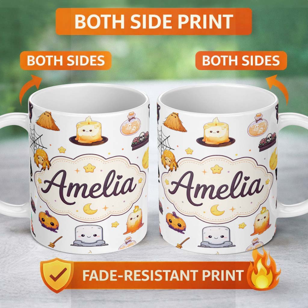 Personalized Custom Name Cute Halloween Witch Pumpkin Candle and Spider Kawaii Seamless 11oz Ceramic Coffee Tea Mug White Large Handle