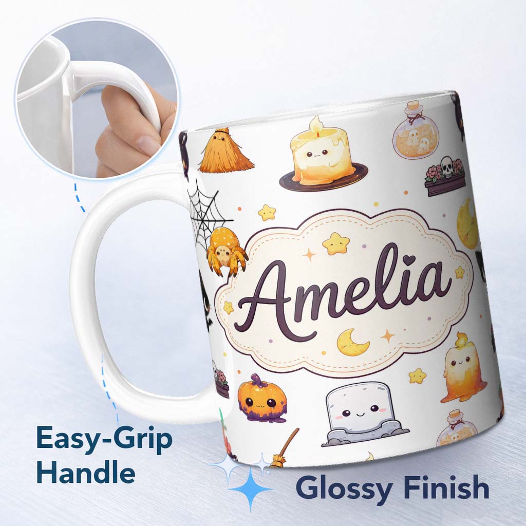 Personalized Custom Name Cute Halloween Witch Pumpkin Candle and Spider Kawaii Seamless 11oz Ceramic Coffee Tea Mug White Large Handle