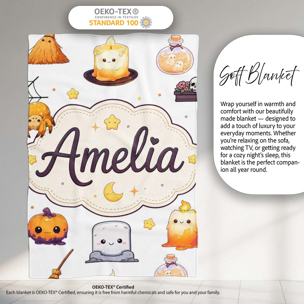 Cute Halloween Witch Pumpkin Candle and Spider Kawaii Seamless Personalised Custom Name Super Soft Fleece Blanket Bed Sofa Throw