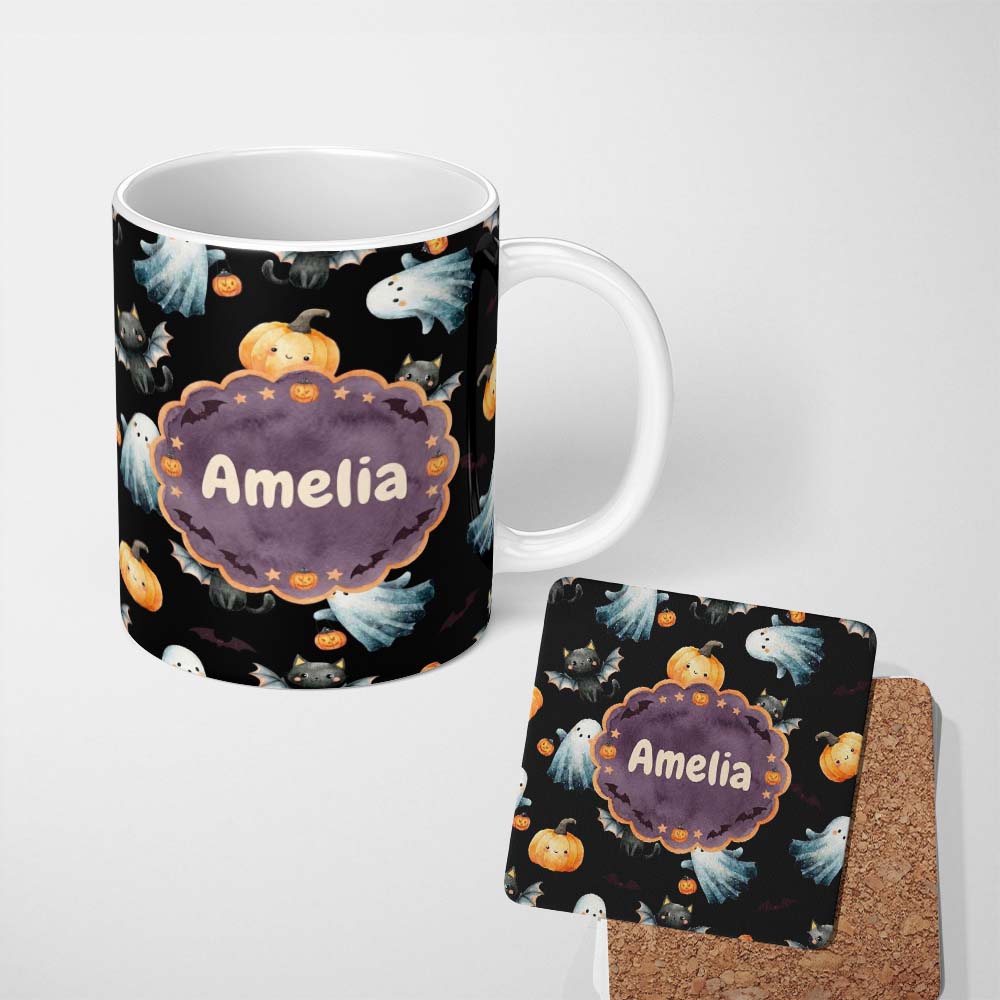 Personalized Custom Name Cute Watercolor Ghost Pumpkin and Bat Halloween Seamless Pattern 11oz Ceramic Coffee Tea Mug White Large Handle