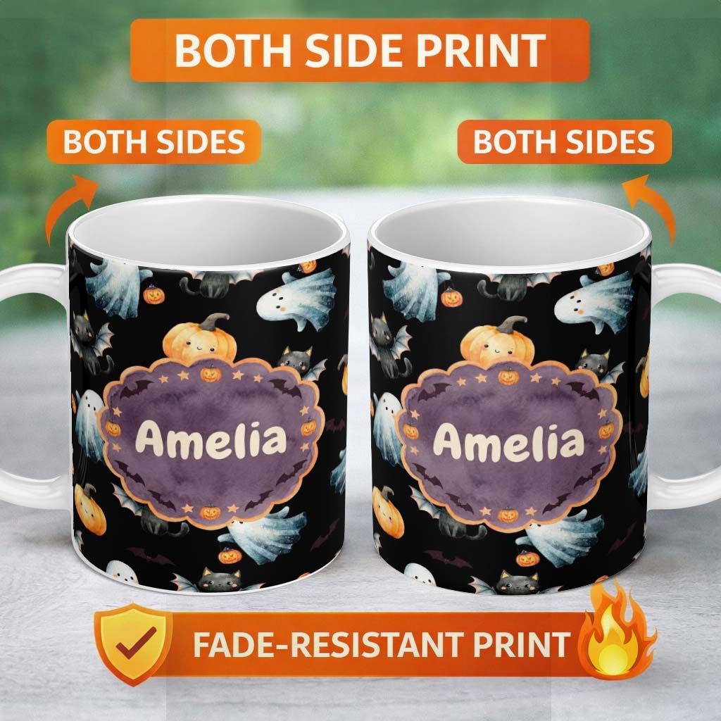Personalized Custom Name Cute Watercolor Ghost Pumpkin and Bat Halloween Seamless Pattern 11oz Ceramic Coffee Tea Mug White Large Handle