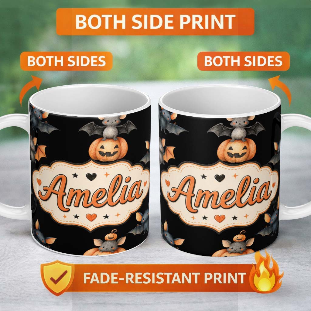 Personalized Custom Name Cute Watercolor Bat Pumpkin and Stars Halloween Seamless Pattern 11oz Ceramic Coffee Tea Mug White Large Handle