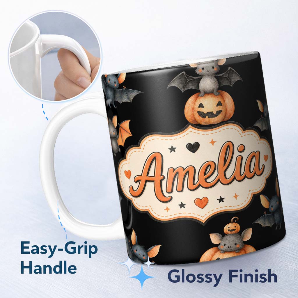 Personalized Custom Name Cute Watercolor Bat Pumpkin and Stars Halloween Seamless Pattern 11oz Ceramic Coffee Tea Mug White Large Handle