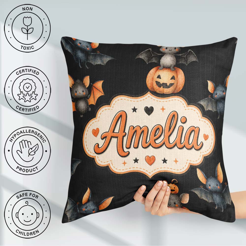 Custom Name Watercolor Bat Pumpkin and Stars Halloween Seamless Square Filled Cushion Throw Pillow Sofa Bed Home Decor Zip Washable UK Made