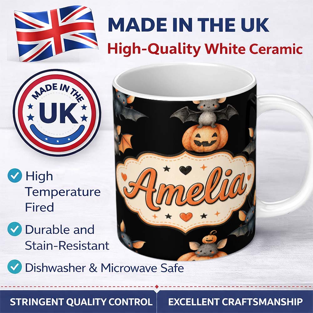 Personalized Custom Name Cute Watercolor Bat Pumpkin and Stars Halloween Seamless Pattern 11oz Ceramic Coffee Tea Mug White Large Handle
