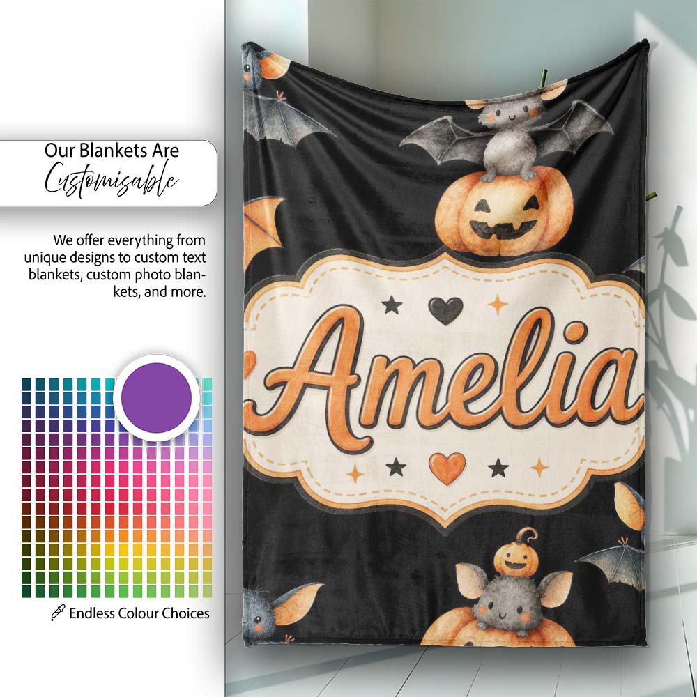 Cute Watercolor Bat Pumpkin and Stars Halloween Seamless Pattern Personalised Custom Name Super Soft Fleece Blanket Bed Sofa Throw