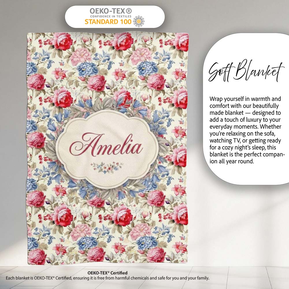 Classic Vintage Rose Garden Floral Seamless Pattern Red Blue Beige Personalised Custom Name Super Soft Fleece Blanket Bed Sofa Throw