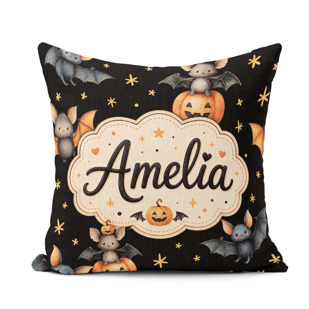 Custom Name Cute Halloween Bats and Pumpkins with Stars Seamless Square Filled Cushion Throw Pillow Sofa Bed Home Decor Zip Washable UK Made