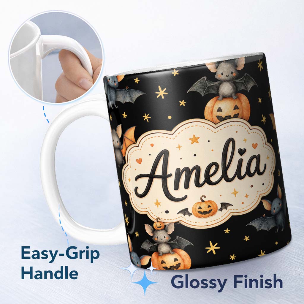 Personalized Custom Name Cute Watercolor Halloween Bats and Pumpkins with Stars Seamless 11oz Ceramic Coffee Tea Mug White Large Handle