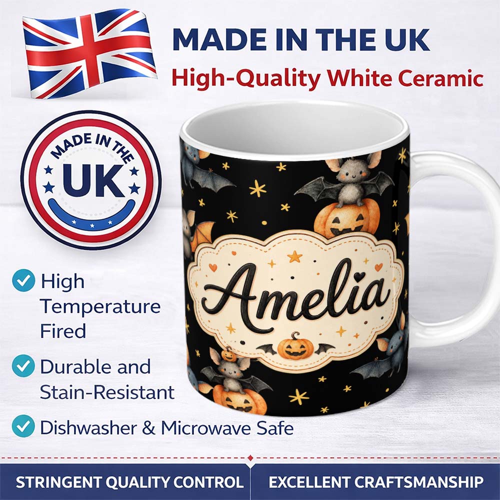 Personalized Custom Name Cute Watercolor Halloween Bats and Pumpkins with Stars Seamless 11oz Ceramic Coffee Tea Mug White Large Handle