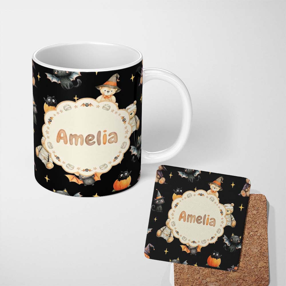 Personalized Custom Name Cute Halloween Teddy Bears Witch Pumpkin and Bats Seamless Pattern 11oz Ceramic Coffee Tea Mug White Large Handle