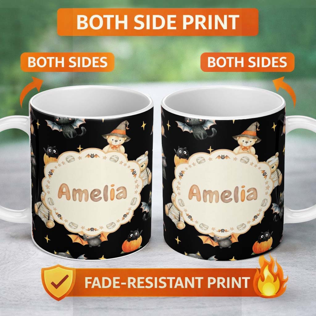 Personalized Custom Name Cute Halloween Teddy Bears Witch Pumpkin and Bats Seamless Pattern 11oz Ceramic Coffee Tea Mug White Large Handle