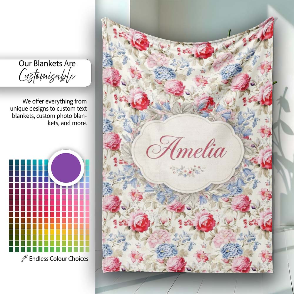 Classic Vintage Rose Garden Floral Seamless Pattern Red Blue Beige Personalised Custom Name Super Soft Fleece Blanket Bed Sofa Throw