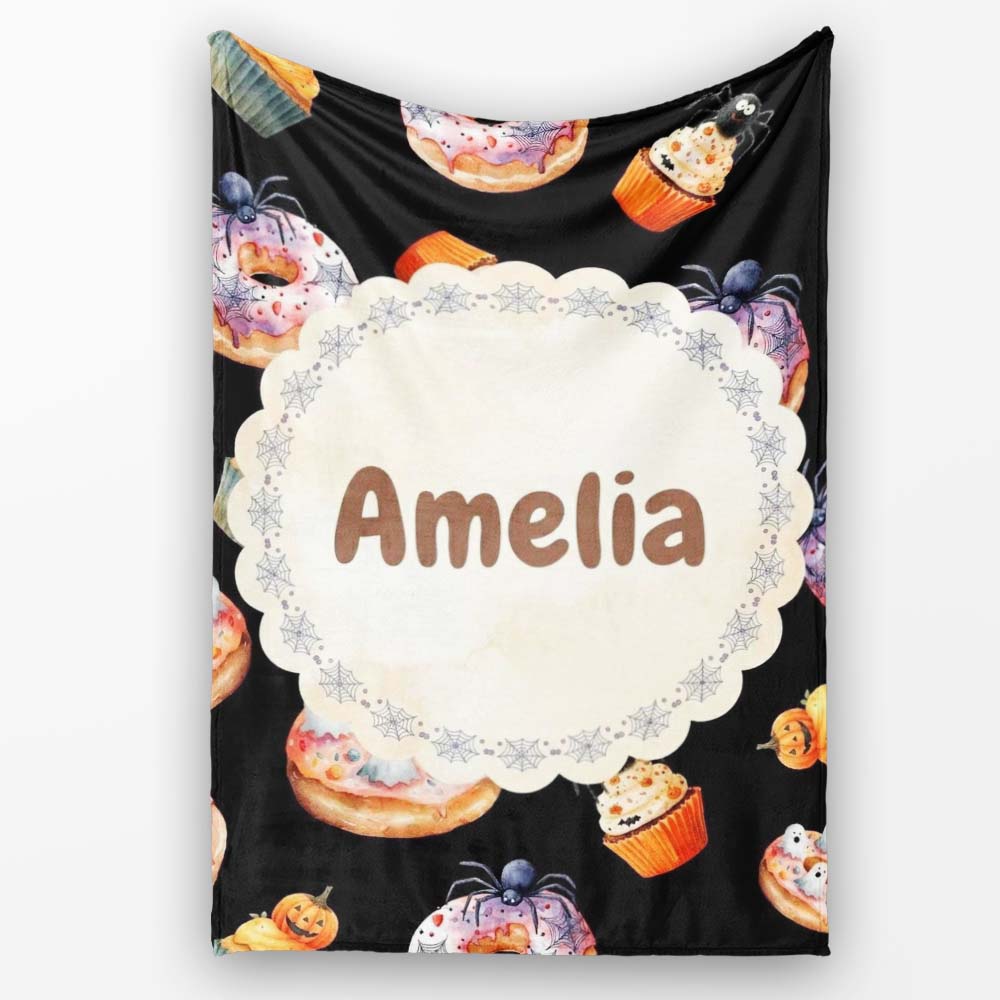 Cute Halloween Donuts Cupcakes Ghosts and Spiders Seamless Pattern Personalised Custom Name Super Soft Fleece Blanket Bed Sofa Throw