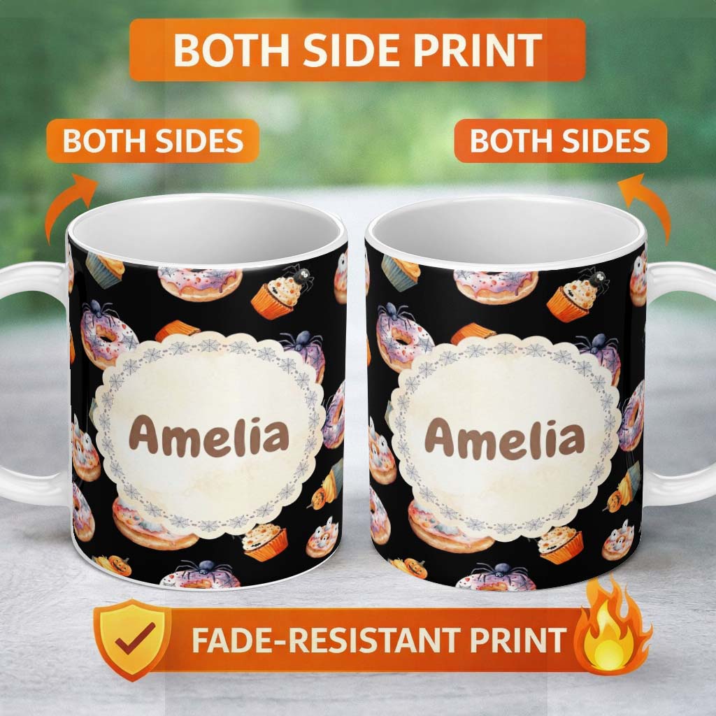 Personalized Custom Name Cute Halloween Donuts Cupcakes Ghosts and Spiders Seamless Pattern 11oz Ceramic Coffee Tea Mug White Large Handle