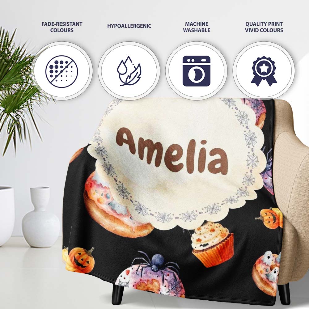 Cute Halloween Donuts Cupcakes Ghosts and Spiders Seamless Pattern Personalised Custom Name Super Soft Fleece Blanket Bed Sofa Throw