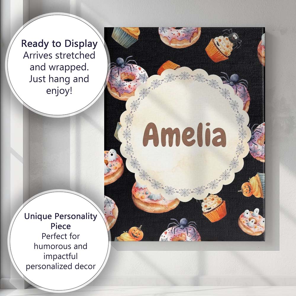 Personalised Name Cute Halloween Donuts Custom Modern Room Accent Elegant Feature Canvas Wall Art Print Decor Picture Ready to Hang
