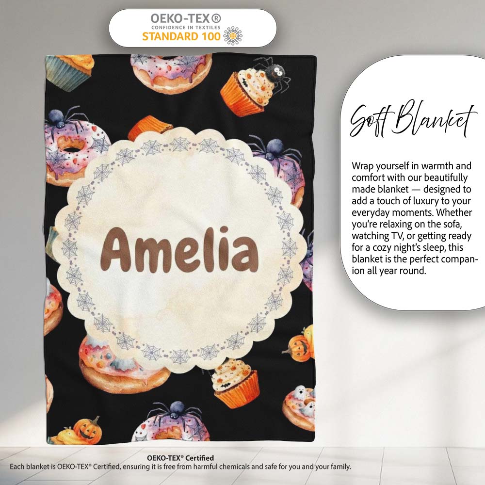 Cute Halloween Donuts Cupcakes Ghosts and Spiders Seamless Pattern Personalised Custom Name Super Soft Fleece Blanket Bed Sofa Throw