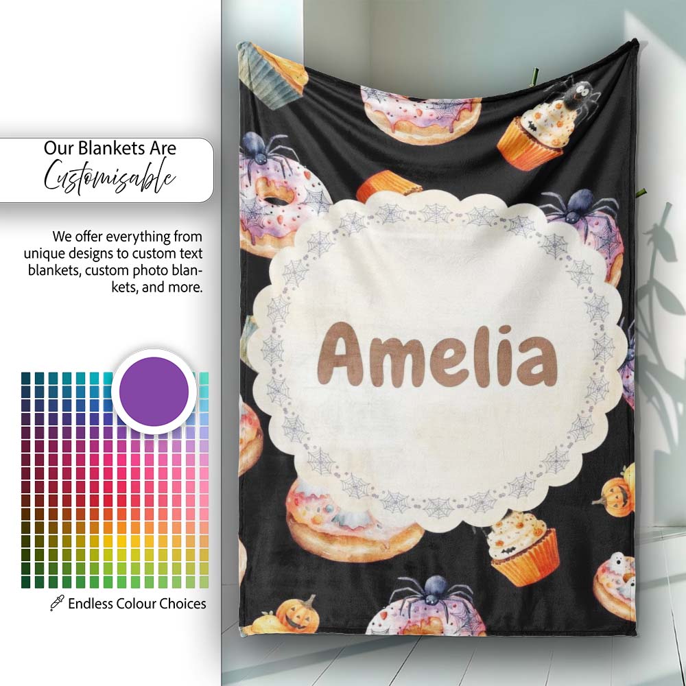 Cute Halloween Donuts Cupcakes Ghosts and Spiders Seamless Pattern Personalised Custom Name Super Soft Fleece Blanket Bed Sofa Throw
