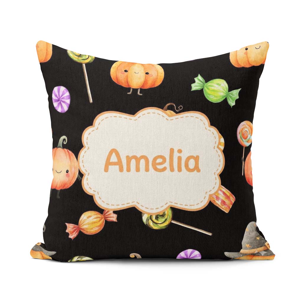 Custom Name Cute Autumn Pumpkins Candy and Lollipops Watercolor Square Filled Cushion Throw Pillow Sofa Bed Home Decor Zip Washable UK Made