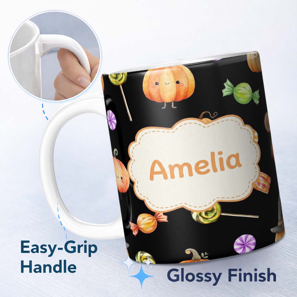 Personalized Custom Name Cute Autumn Pumpkins Candy and Lollipops Watercolor Seamless 11oz Ceramic Coffee Tea Mug White Large Handle