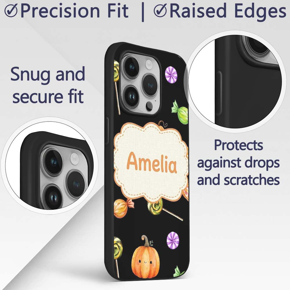 Cute Autumn Pumpkins Candy and Printed Design Custom Name Protective Phone Case Mobile Cover Durable Everyday Smartphone Shock Resistant