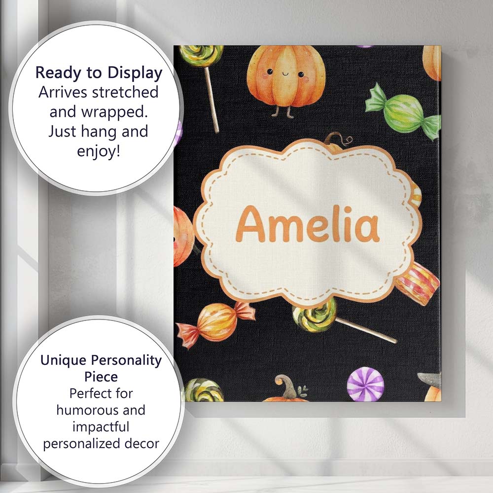 Personalised Name Cute Autumn Pumpkins Custom Modern Room Accent Elegant Feature Canvas Wall Art Print Decor Picture Ready to Hang