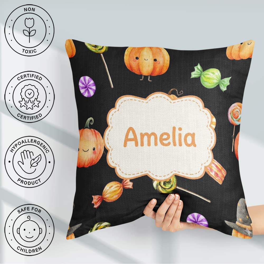 Custom Name Cute Autumn Pumpkins Candy and Lollipops Watercolor Square Filled Cushion Throw Pillow Sofa Bed Home Decor Zip Washable UK Made
