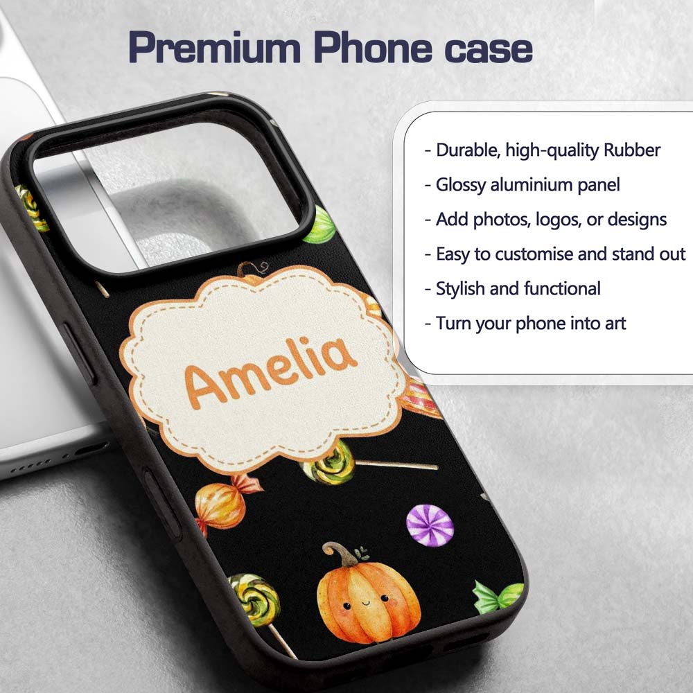 Cute Autumn Pumpkins Candy and Printed Design Custom Name Protective Phone Case Mobile Cover Durable Everyday Smartphone Shock Resistant