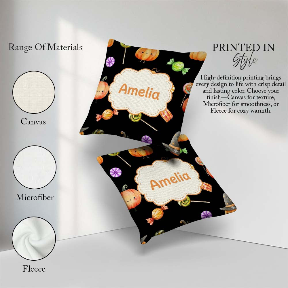 Custom Name Cute Autumn Pumpkins Candy and Lollipops Watercolor Square Filled Cushion Throw Pillow Sofa Bed Home Decor Zip Washable UK Made