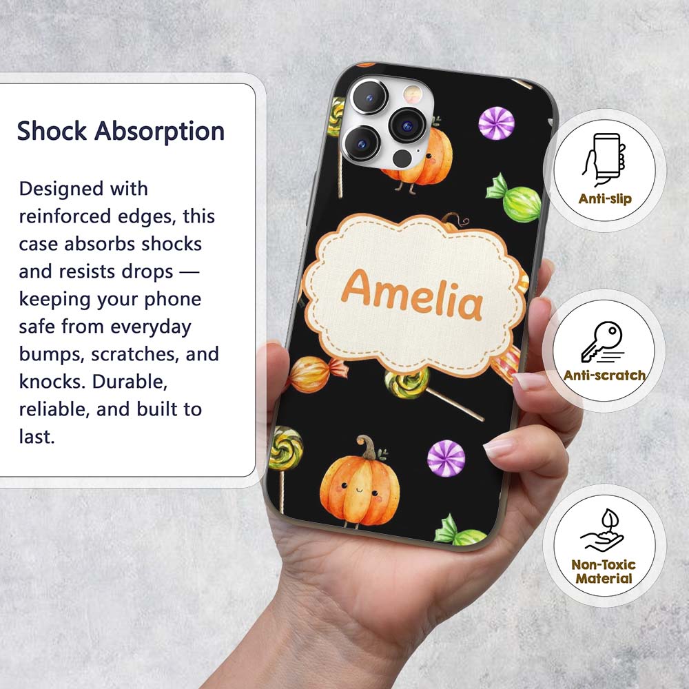 Cute Autumn Pumpkins Candy and Printed Design Custom Name Protective Phone Case Mobile Cover Durable Everyday Smartphone Shock Resistant