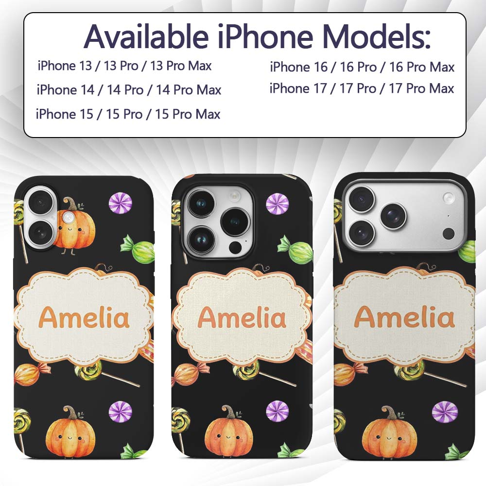 Cute Autumn Pumpkins Candy and Printed Design Custom Name Protective Phone Case Mobile Cover Durable Everyday Smartphone Shock Resistant