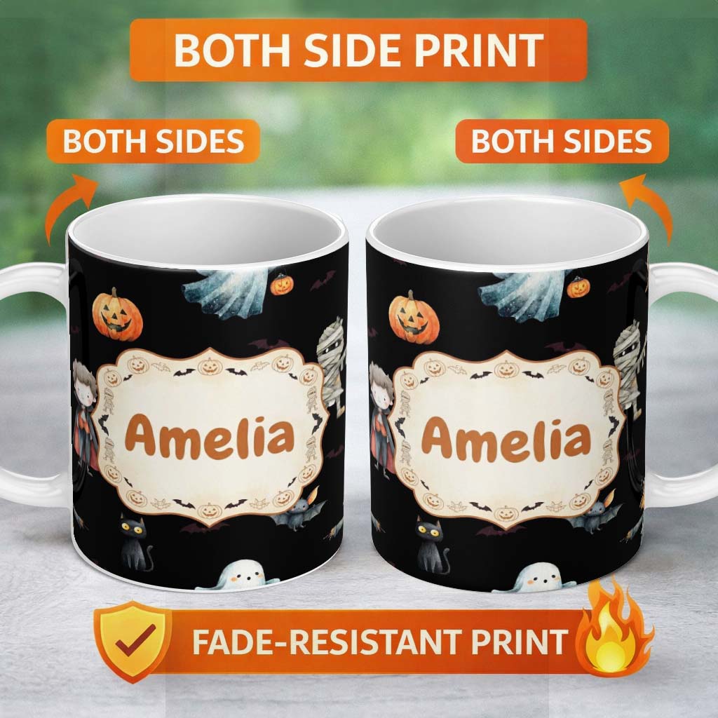 Personalized Custom Name Cute Halloween Zombie Mummy Vampire and Bats Seamless Pattern Name 11oz Ceramic Coffee Tea Mug White Large Handle