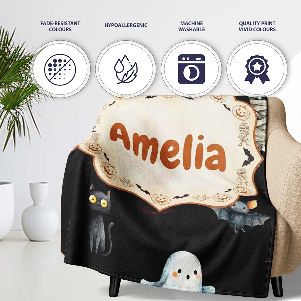 Cute Halloween Zombie Mummy Vampire and Bats Seamless Pattern Name Personalised Custom Name Super Soft Fleece Blanket Bed Sofa Throw