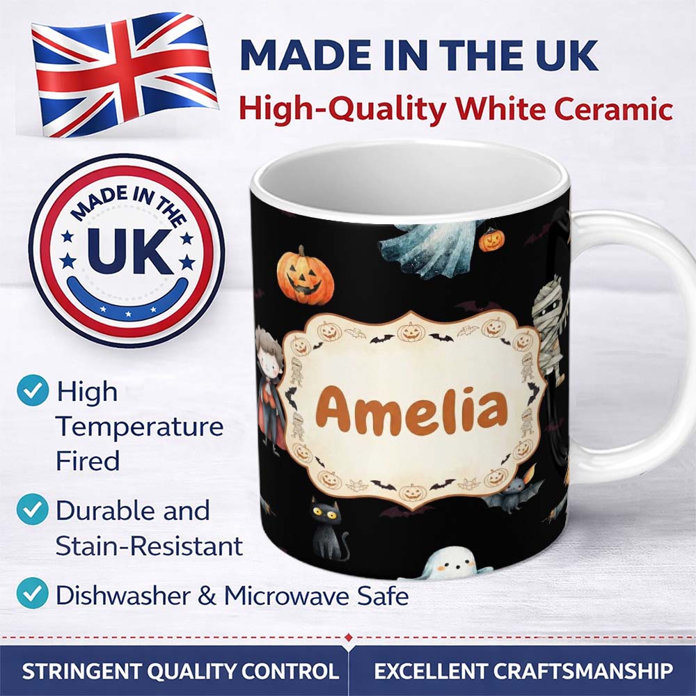 Personalized Custom Name Cute Halloween Zombie Mummy Vampire and Bats Seamless Pattern Name 11oz Ceramic Coffee Tea Mug White Large Handle