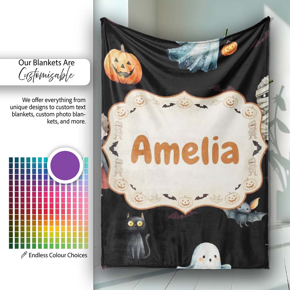 Cute Halloween Zombie Mummy Vampire and Bats Seamless Pattern Name Personalised Custom Name Super Soft Fleece Blanket Bed Sofa Throw