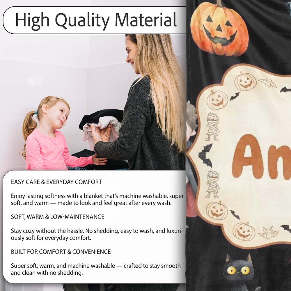 Cute Halloween Zombie Mummy Vampire and Bats Seamless Pattern Name Personalised Custom Name Super Soft Fleece Blanket Bed Sofa Throw