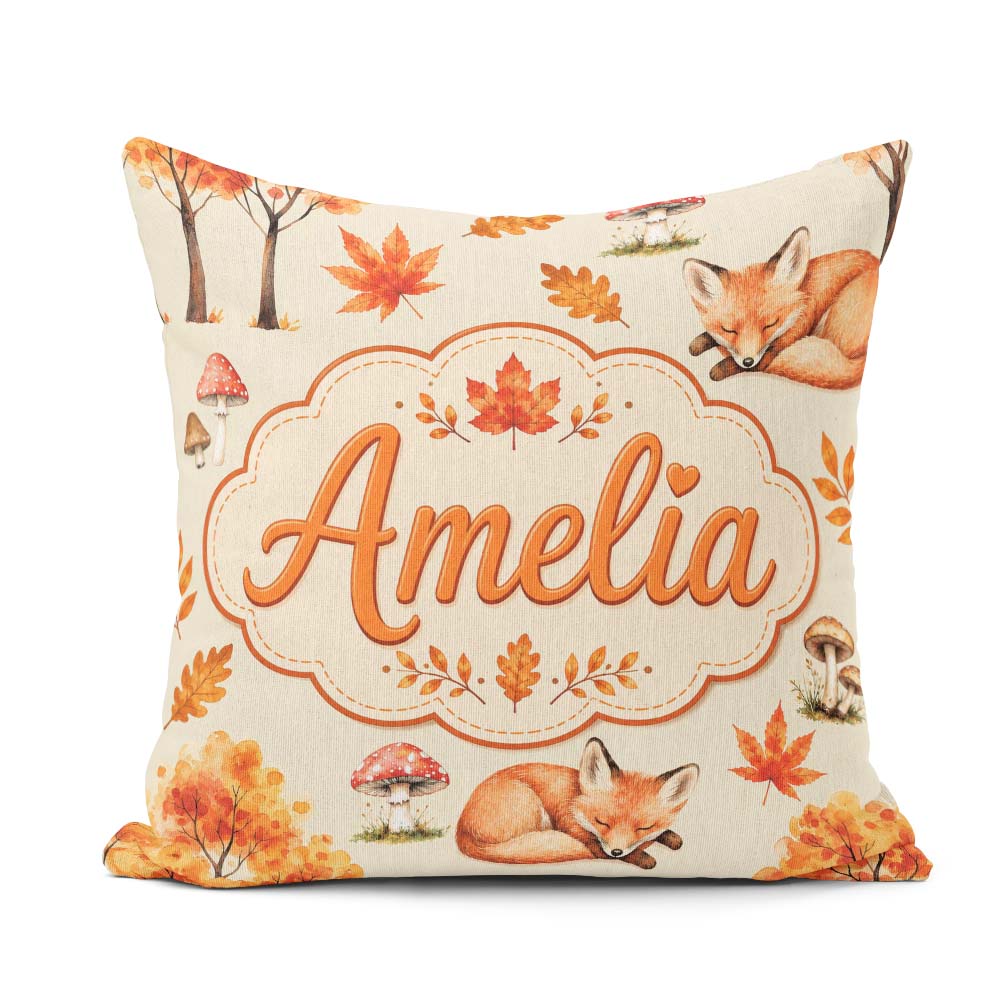 Custom Name Autumn Fox Leaves Mushrooms Watercolor Seamless Name Square Filled Cushion Throw Pillow Sofa Bed Home Decor Zip Washable UK Made