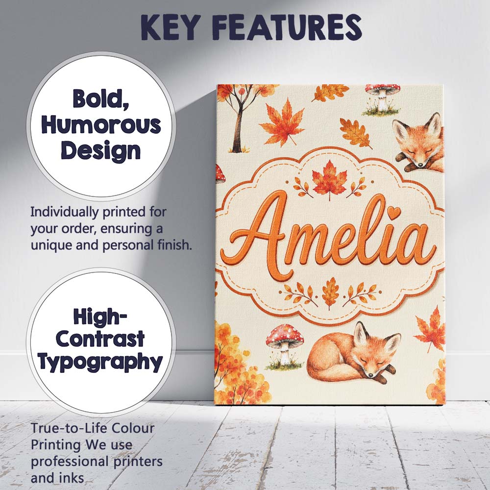 Personalised Name Cute Autumn Fox Leaves Custom Unique Gift Idea Elegant Feature Canvas Wall Art Print Decor Picture Ready to Hang