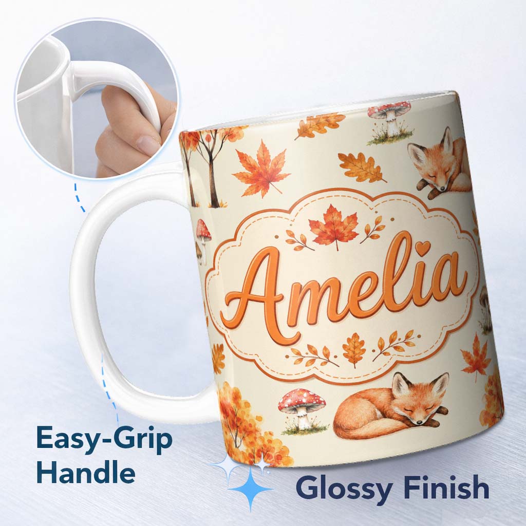Personalized Custom Name Cute Autumn Fox Leaves Mushrooms Watercolor Seamless Pattern Name 11oz Ceramic Coffee Tea Mug White Large Handle