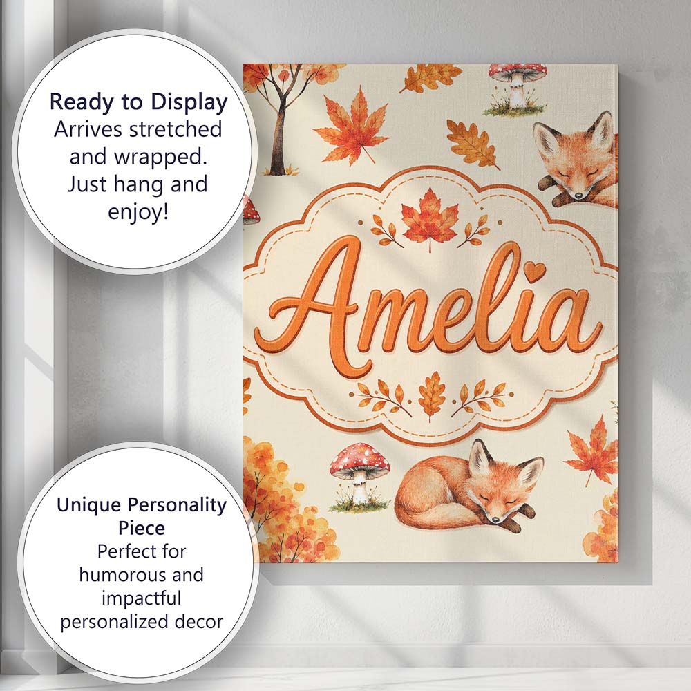 Personalised Name Cute Autumn Fox Leaves Custom Unique Gift Idea Elegant Feature Canvas Wall Art Print Decor Picture Ready to Hang