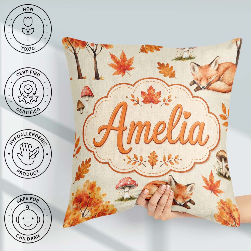 Custom Name Autumn Fox Leaves Mushrooms Watercolor Seamless Name Square Filled Cushion Throw Pillow Sofa Bed Home Decor Zip Washable UK Made